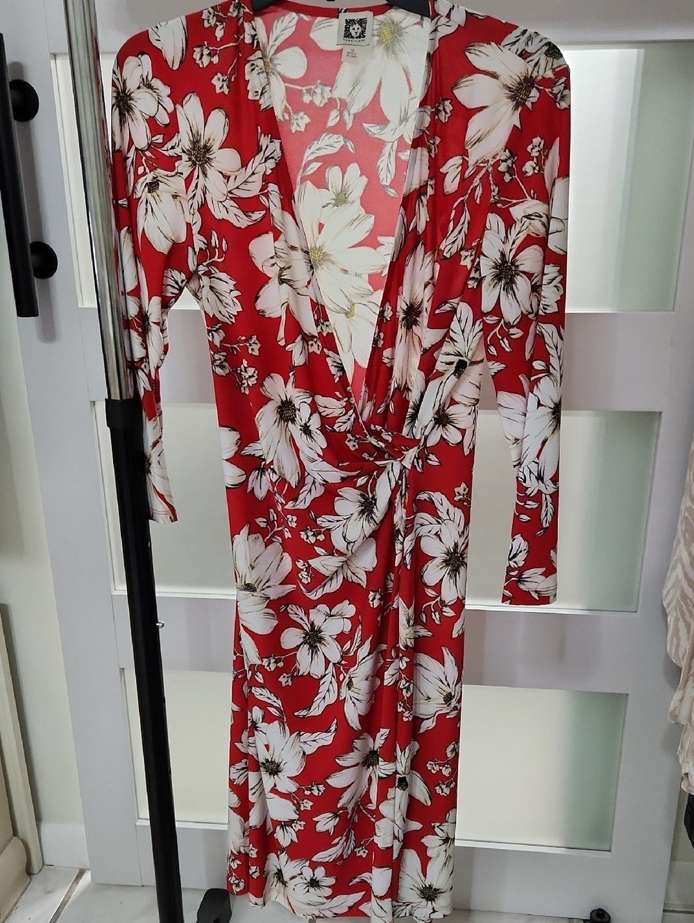 Anne Klein Red and White Floral Long Sleeve Wrap Dress
